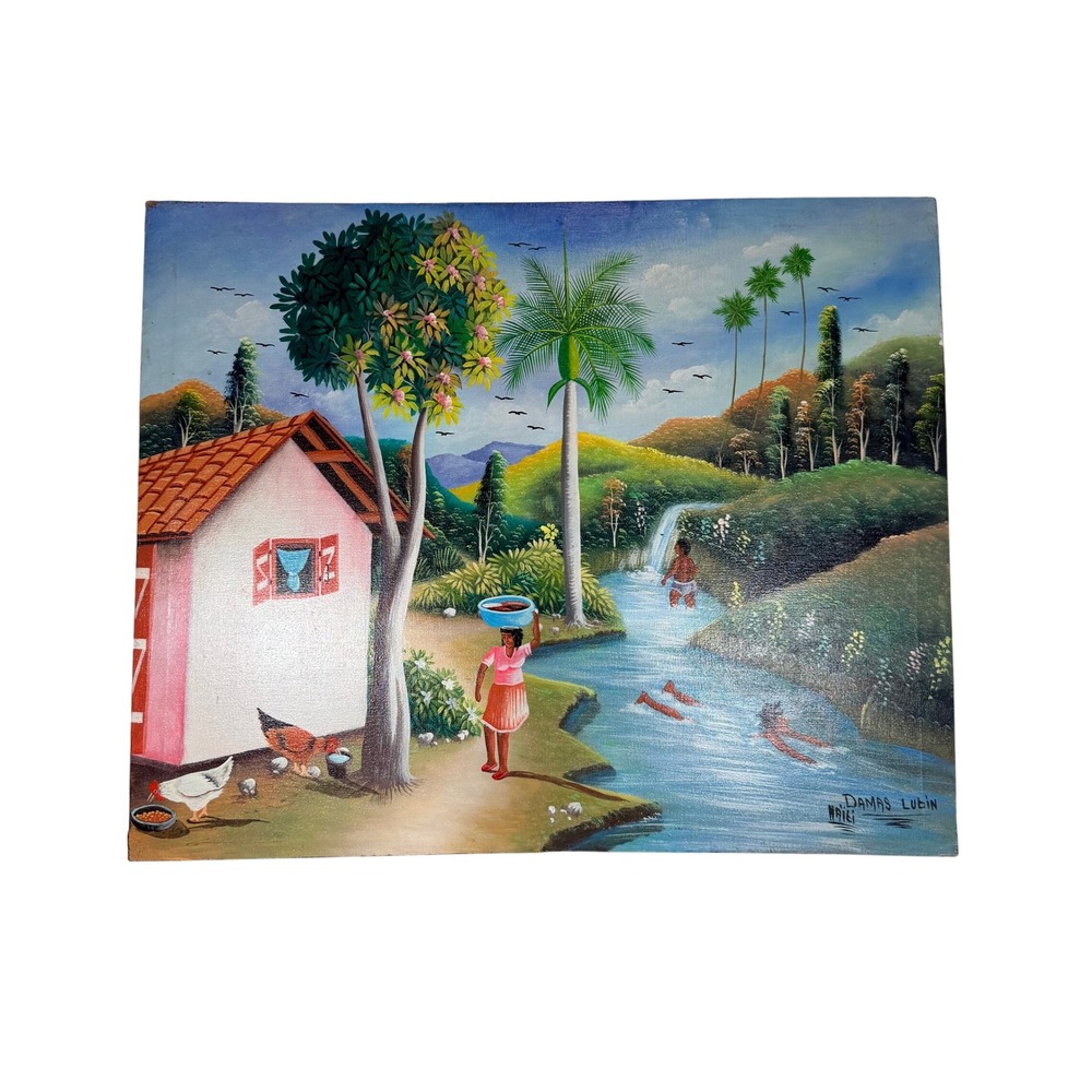 Haitian Folk Art Painting Tropical Scene River‎ Village Chicken, VTG Damas Lubin